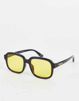 New Girl Order oversized 70s square sunglasses in black with yellow tinted lens