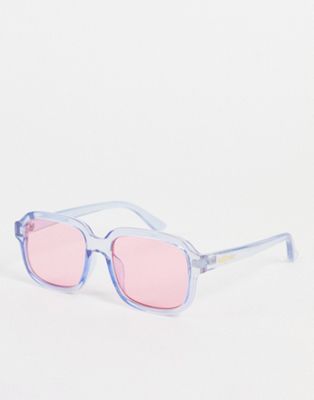 New Girl Order oversized 70s square sunglasses in blue with pink tinted lens