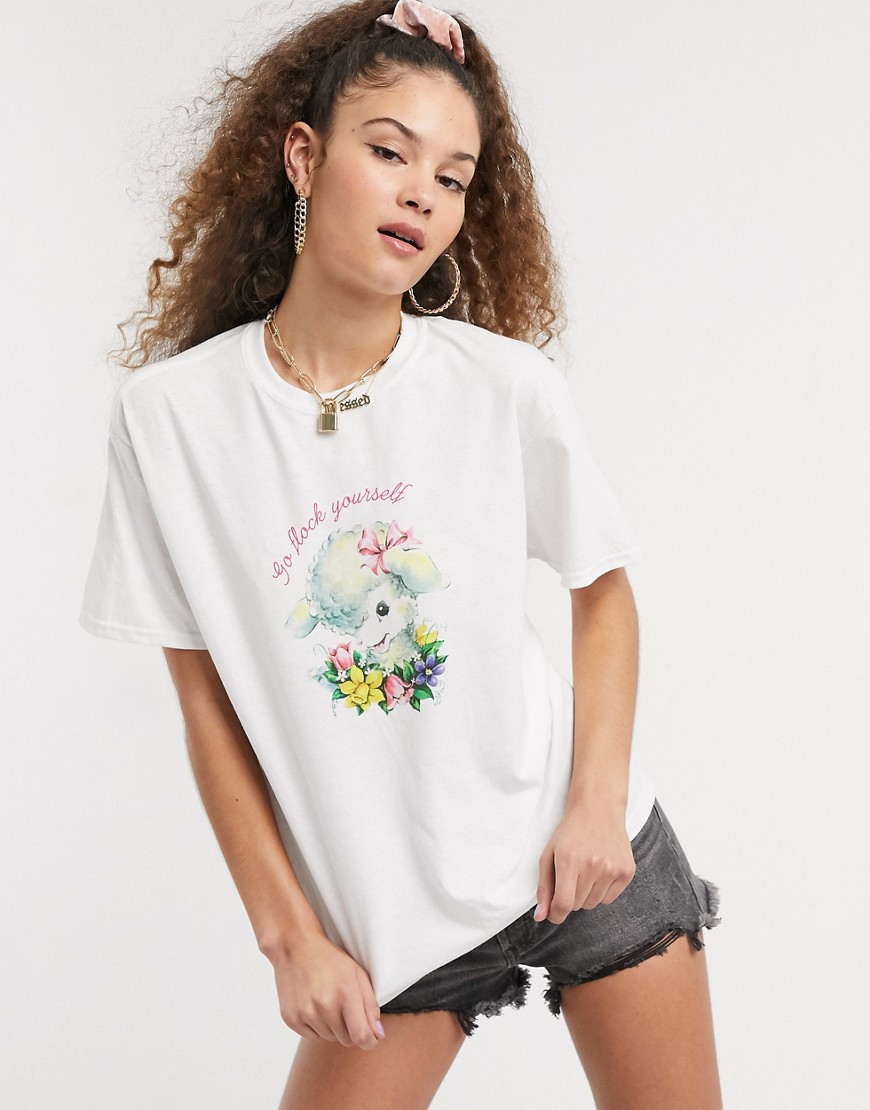 New Girl Order - Oversized boyfriend T-shirt met lammetjesprint-Wit