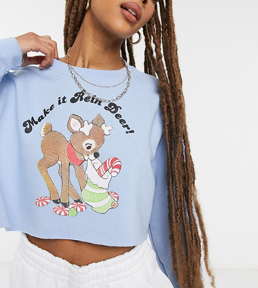 New Girl Order oversized crop sweatshirt with vintage make it rein deer Christmas graphic-Blue