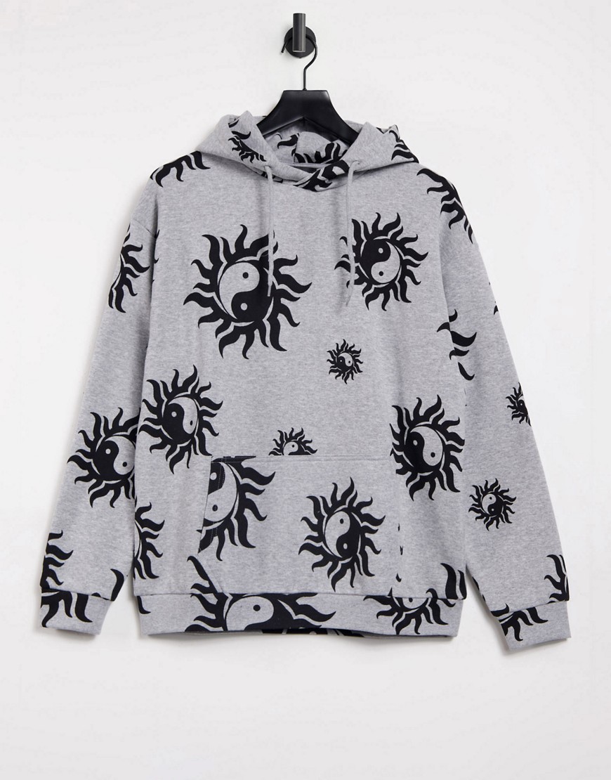 New Girl Order oversized hoodie in all over yin and yang print set-Grey