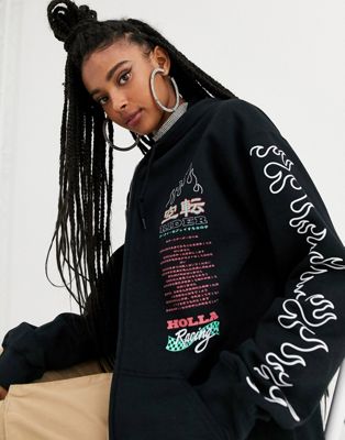 New Girl Order - Oversized hoodie met rits, neon logo en vlammenprint-Zwart