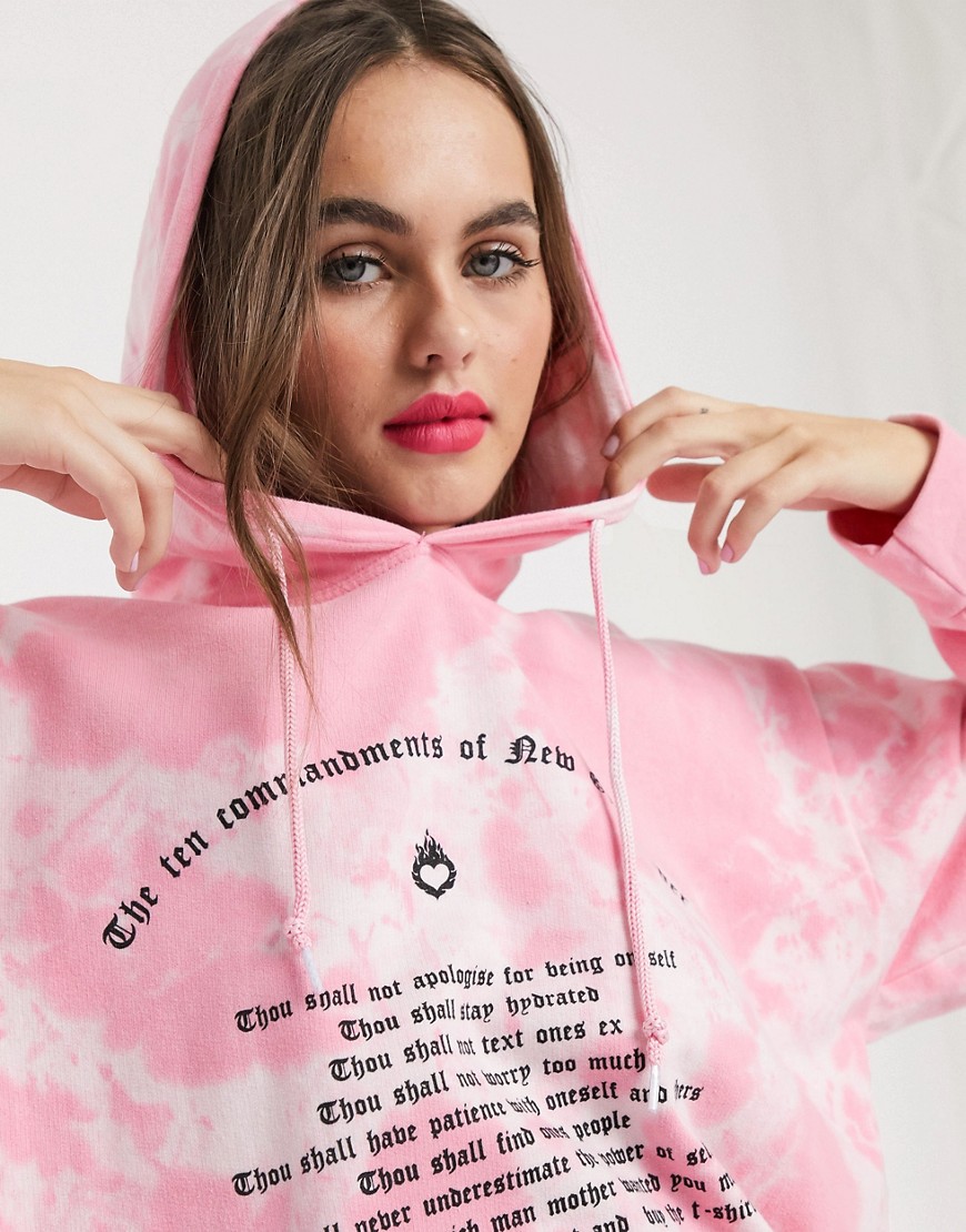 New Girl Order - Oversized hoodie met tie-dye en 10-geboden-print-Roze