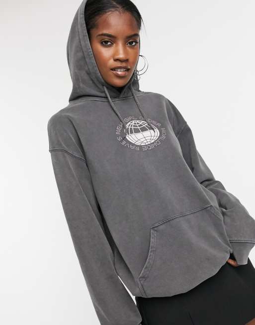 New Girl Order oversized hoodie with diamante fron logo and back graphic in washed grey