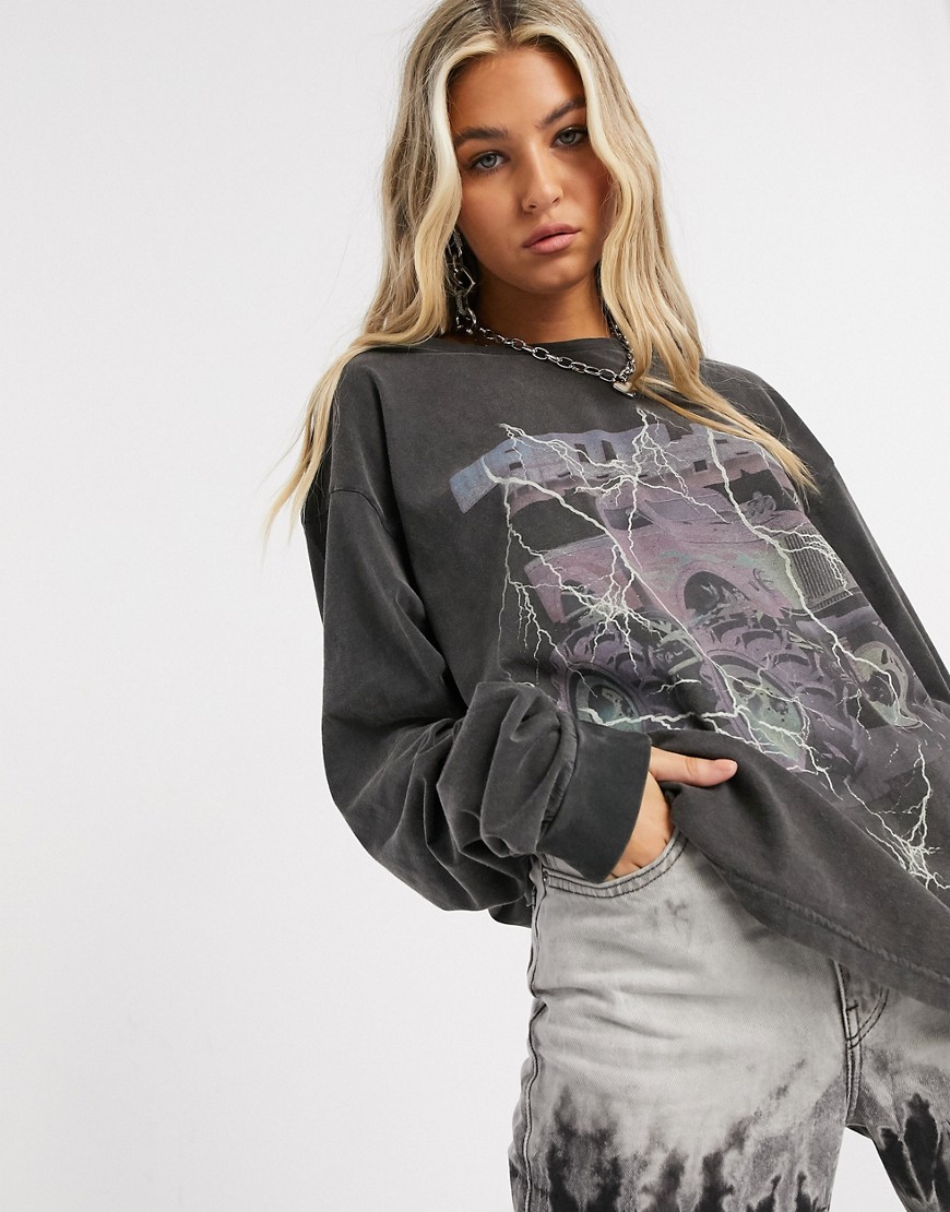 New Girl Order oversized long sleeve t-shirt with wasteland lightning print in vintage wash two-piece-Gray