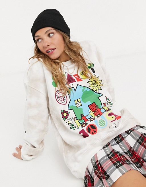New Girl Order oversized sweatshirt in tie-dye with happy house graphic