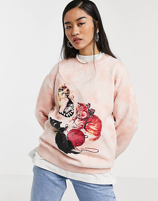 New Girl Order oversized sweatshirt in tie-dye with kitten graphics