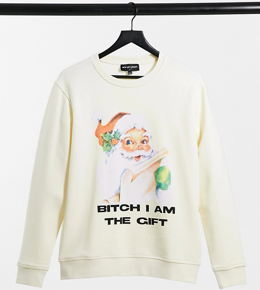 New Girl Order - Oversized sweatshirt met 'I am the gift' kertsmis print-Crème