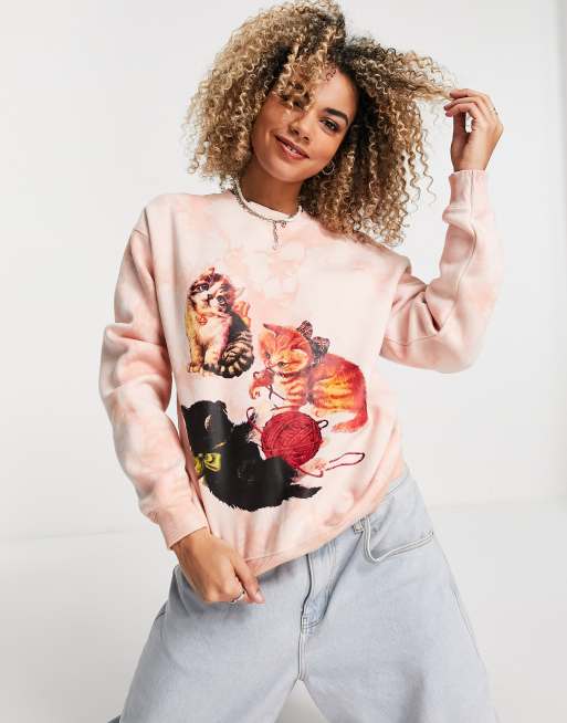 New Girl Order oversized sweatshirt with kittens graphics in tie dye