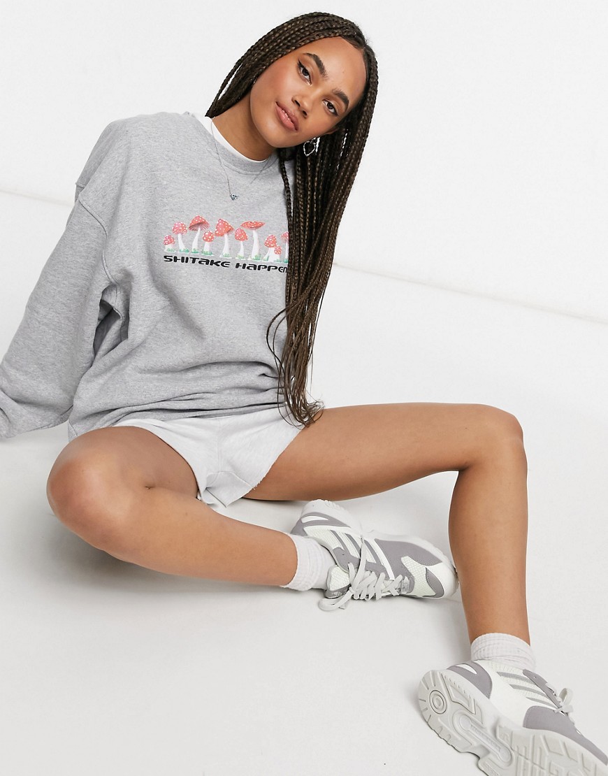 New Girl Order oversized sweatshirt with mushroom graphic-Grey