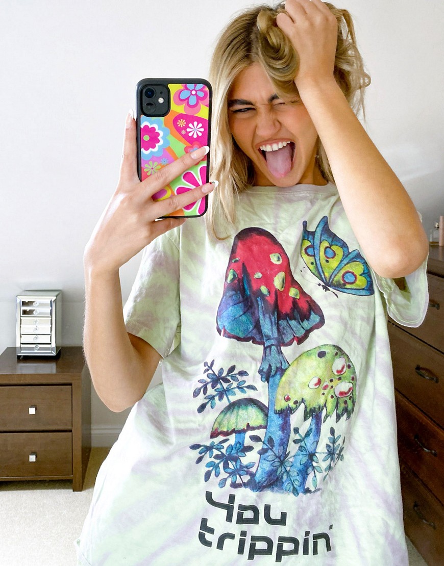 New Girl Order oversized T-shirt in tie-dye mushroom print-Green