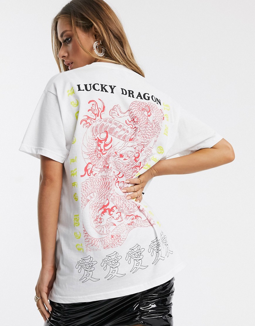 New Girl Order - Oversized T-shirt met grafisch symbool en draakprint op de rug-Wit