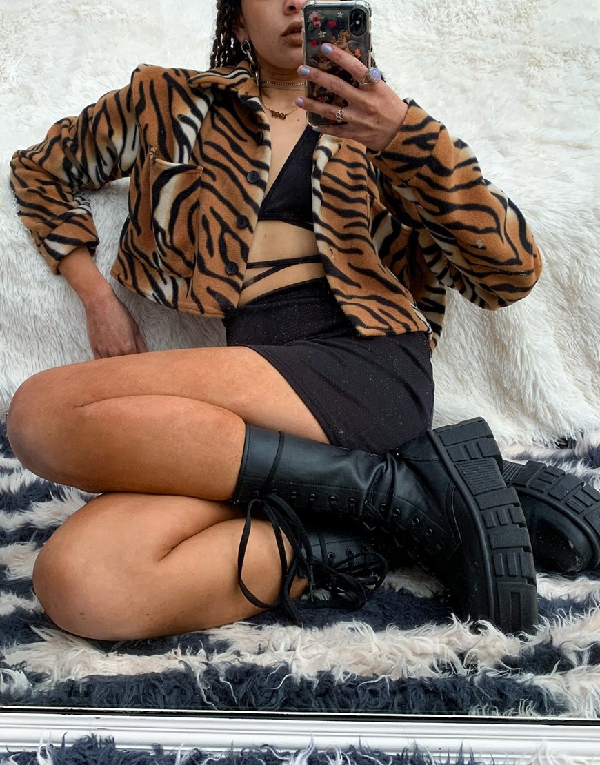 New Girl Order oversized trucker jacket in tiger print fleece co-ord-Brown