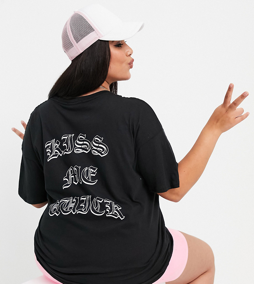 New Girl Order Plus kiss me quick oversized back print T-shirt dress-Black