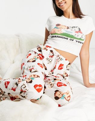 New Girl Order pointelle cute motif t-shirt and trouser pyjama set in cream