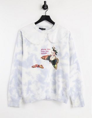 New Girl Order relaxed sweatshirt in tie dye with fairy graphic with frill collar