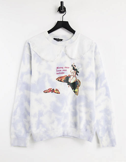 New Girl Order relaxed sweatshirt in tie dye with fairy graphic with frill collar