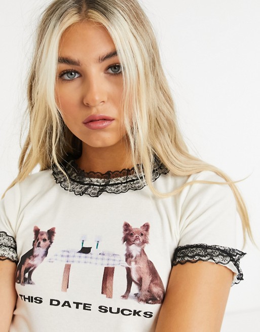 New Girl Order shrunken t-shirt with lace trim and dog date graphic