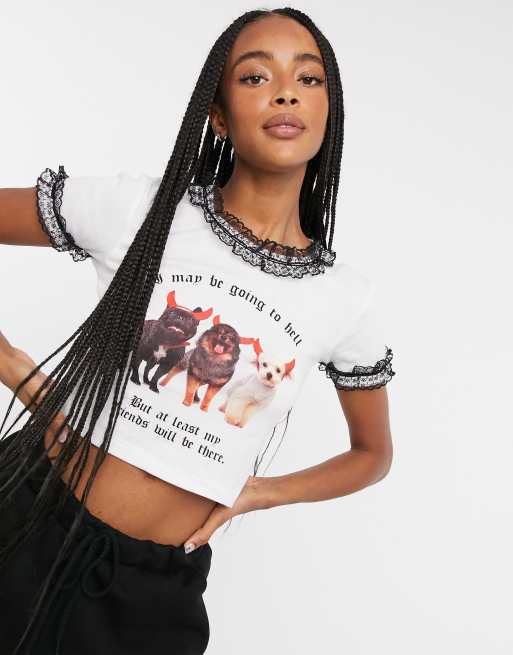 New Girl Order shrunken t-shirt with lace trim and hell graphic