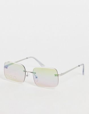 New Girl Order square rimless sunglasses in iridescent with rhinestone logo