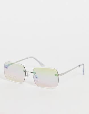 New Girl Order square rimless sunglasses in iridescent with rhinestone logo
