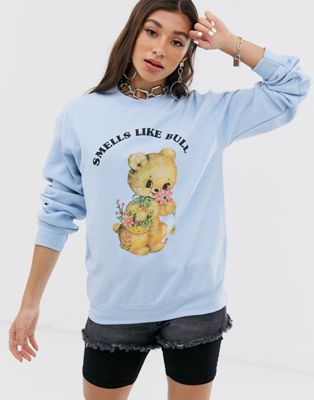 New Girl Order – Sweatshirt i boyfriend-modell med nalle-tryck-Blå