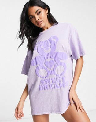 New Girl Order sweet dreams bear puff print oversized tee night dress in lilac