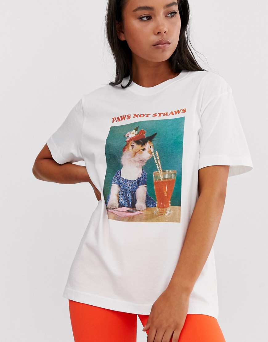 New Girl Order – T-shirt i ekologisk bomull med Paws not straws-grafik-Vit