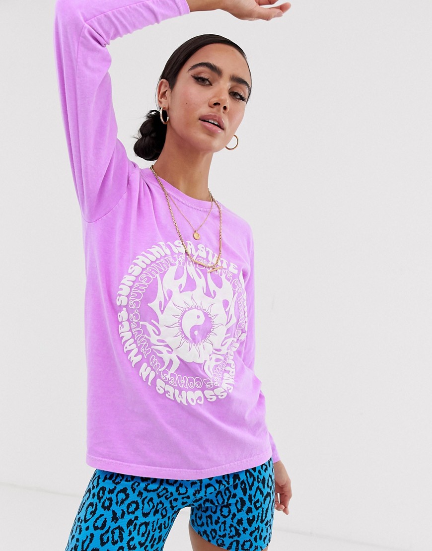 New Girl Order - T-shirt met lange mouwen en oversized 'state of mind' print in paarse wassing