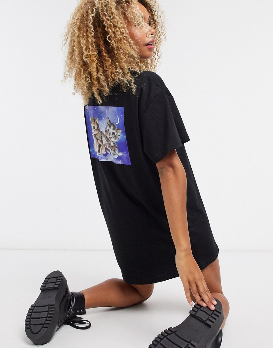 New Girl Order - T-shirtjurk met kittenprint op de achterkant-Zwart