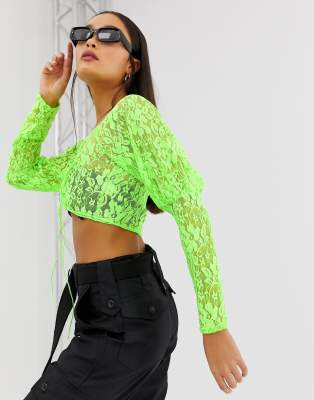 New Girl Order tie front crop top in neon lace