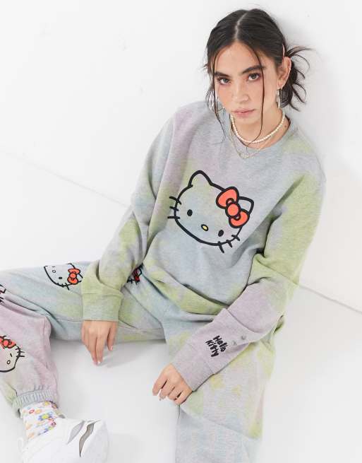 New Girl Order x Hello Kitty - Co-ord set - Oversized sweatshirt in regenboog wassing