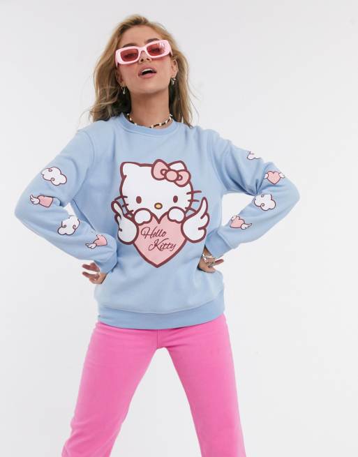 New Girl Order x Hello Kitty - Felpa oversize azzurro chiaro con stampa grafica di gattino angelo