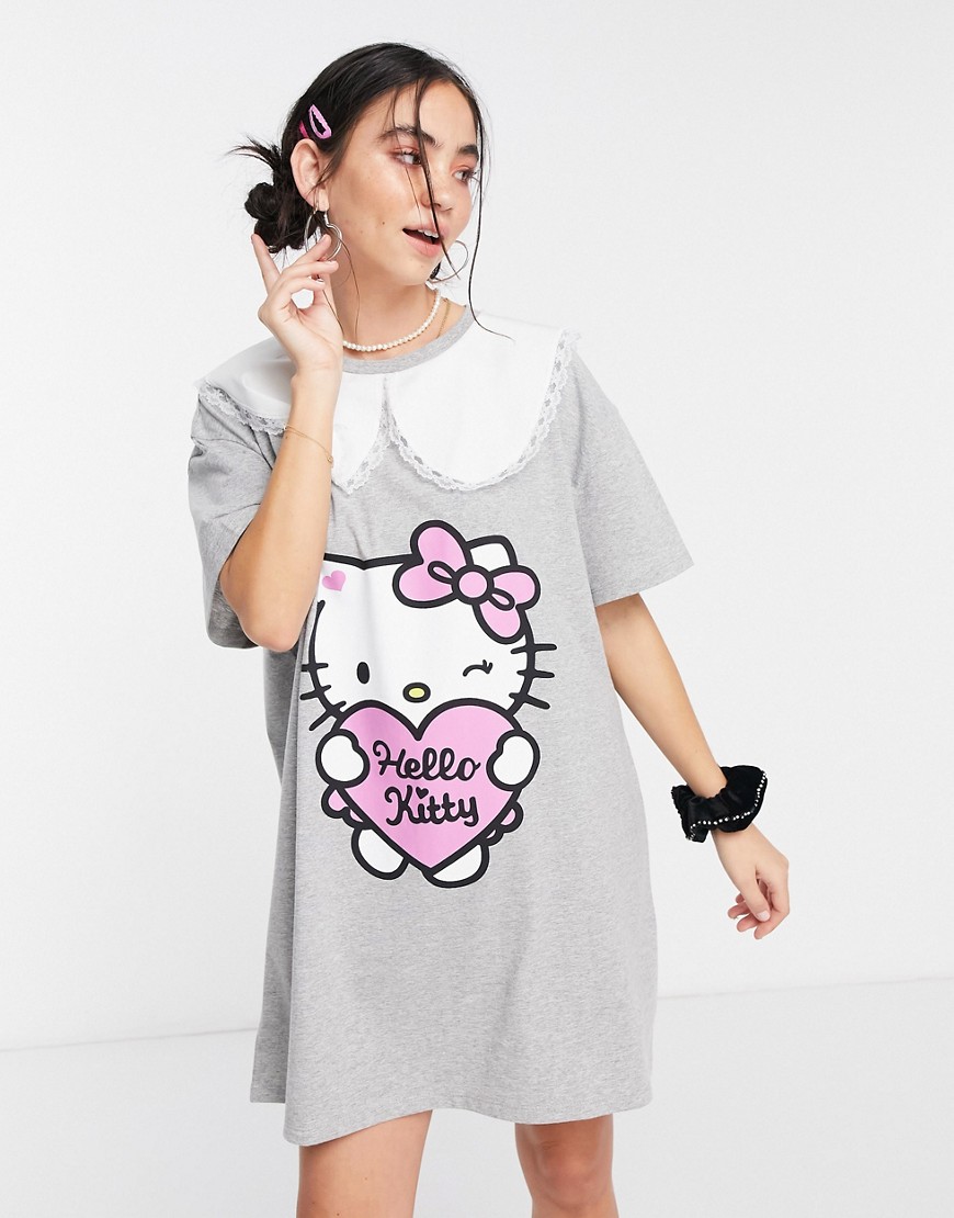 New Girl Order x Hello Kitty oversized t-shirt dress with contrast vintage collar-Grey