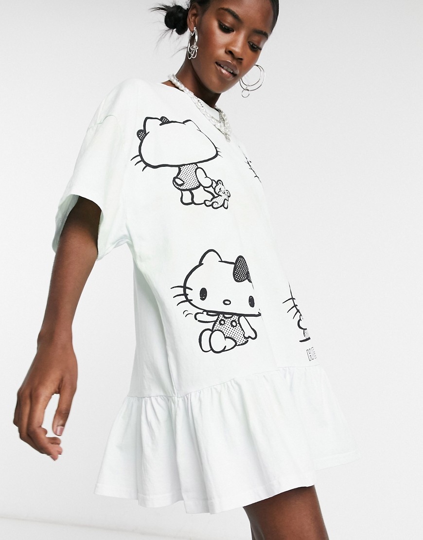 New Girl Order x Hello Kitty oversized t-shirt dress with frill hem in tie dye with graphics-Green