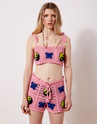 New Girl Order yin yang crochet crop top in pink co-ord