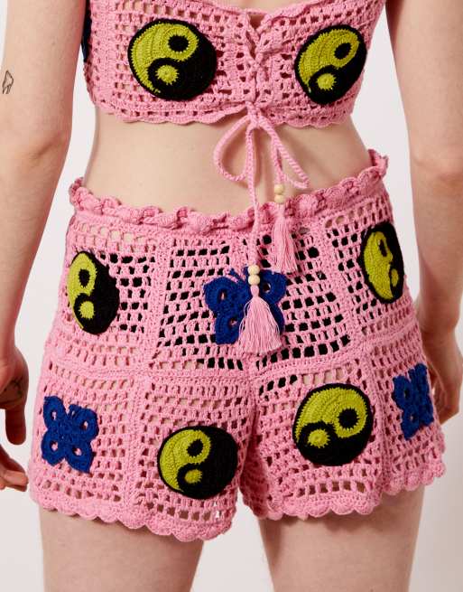 New Girl Order yin yang crochet shorts in pink co ord