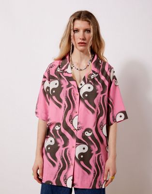 New Girl Order yin yang print bowling shirt in pink - ASOS Price Checker