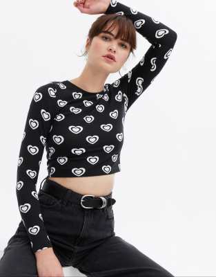 New Look New Look 00's heart print long sleeve top in black