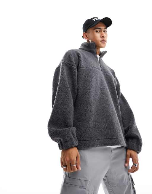 New Look 1/2 zip borg funnel neck in dark grey