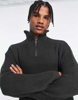 New Look 1/4 Zip Fisherman Ribbed Funnel Neck Sweater In Dark Gray In Gray