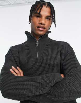 New Look 1/4 Zip Fisherman Ribbed Funnel Neck Sweater In Dark Gray