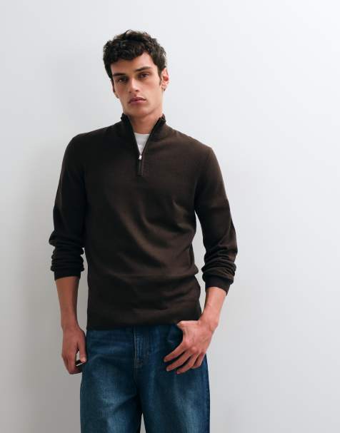 New Look 1/4 zip funnel neck jumper in mid brown - view 1