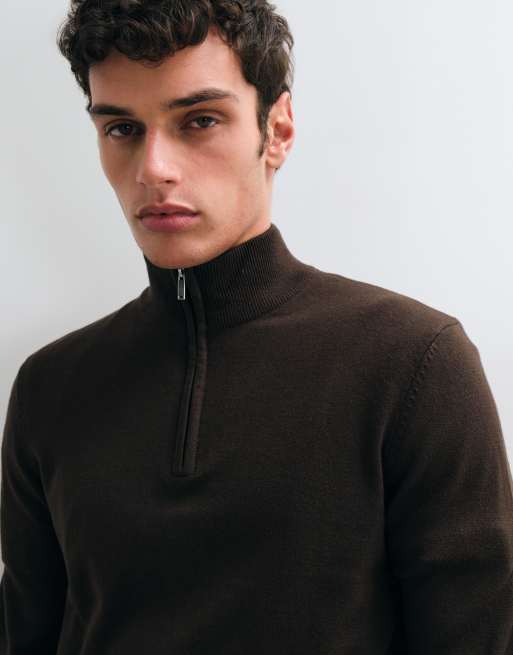 New Look 1/4 zip funnel neck jumper in mid brown, 2 of 5