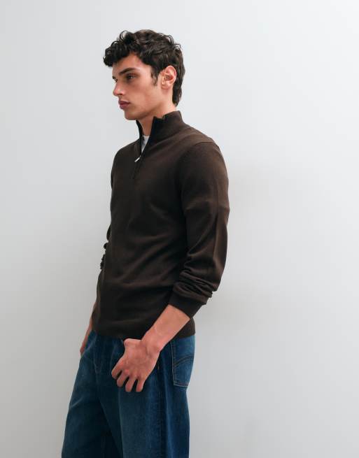 New Look 1/4 zip funnel neck jumper in mid brown, 5 of 5