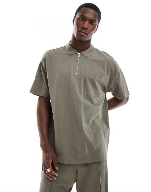 New Look 1 4 zip pique polo shirt co ord in khaki ASOS