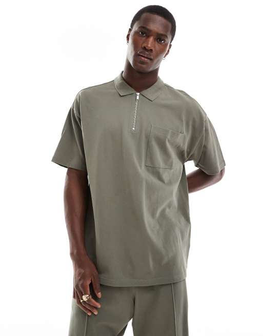New Look 1/4 zip pique polo shirt in khaki (part of a set)