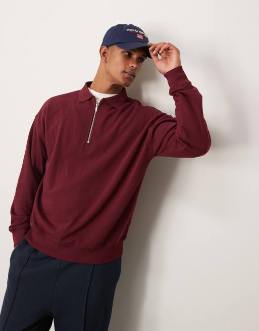 New Look 1 4 zip polo jumper in burgundy ASOS