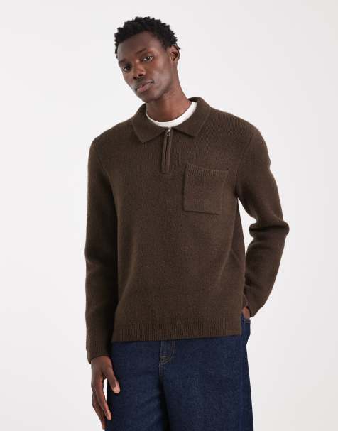 New Look 1/4 zip polo jumper in dark brown - view 1