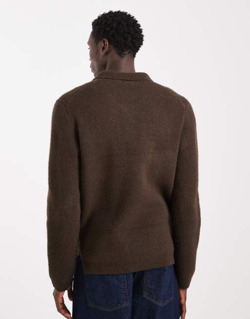 New Look 1/4 zip polo jumper in dark brown, 3 of 5